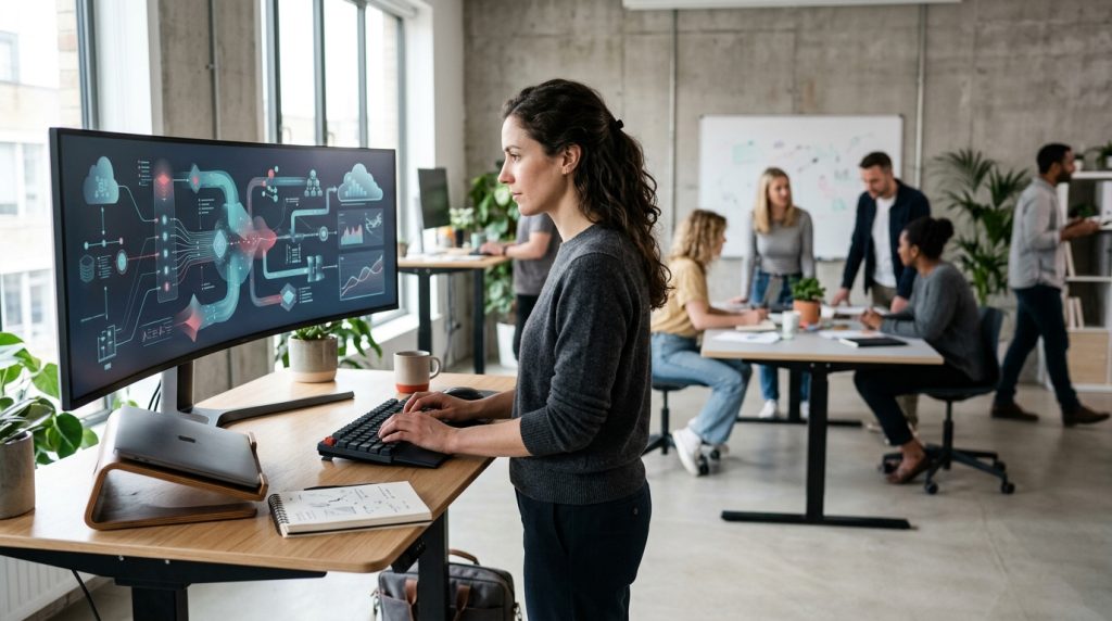 Ingeniera de datos construyendo canalizaciones de información en un entorno de diseño colaborativo