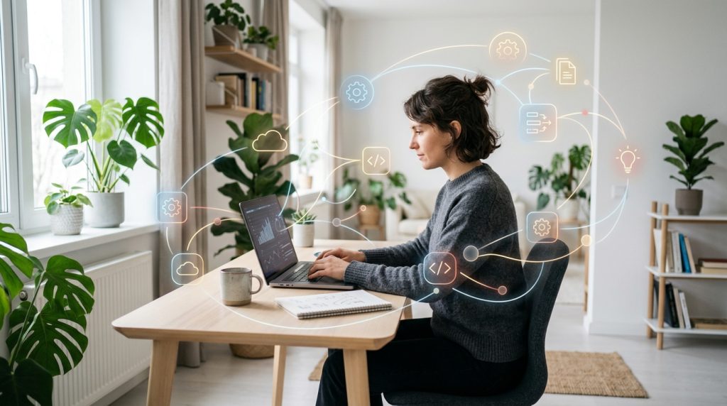 Persona trabajando en remoto con flujos de trabajo automatizados conectando aplicaciones