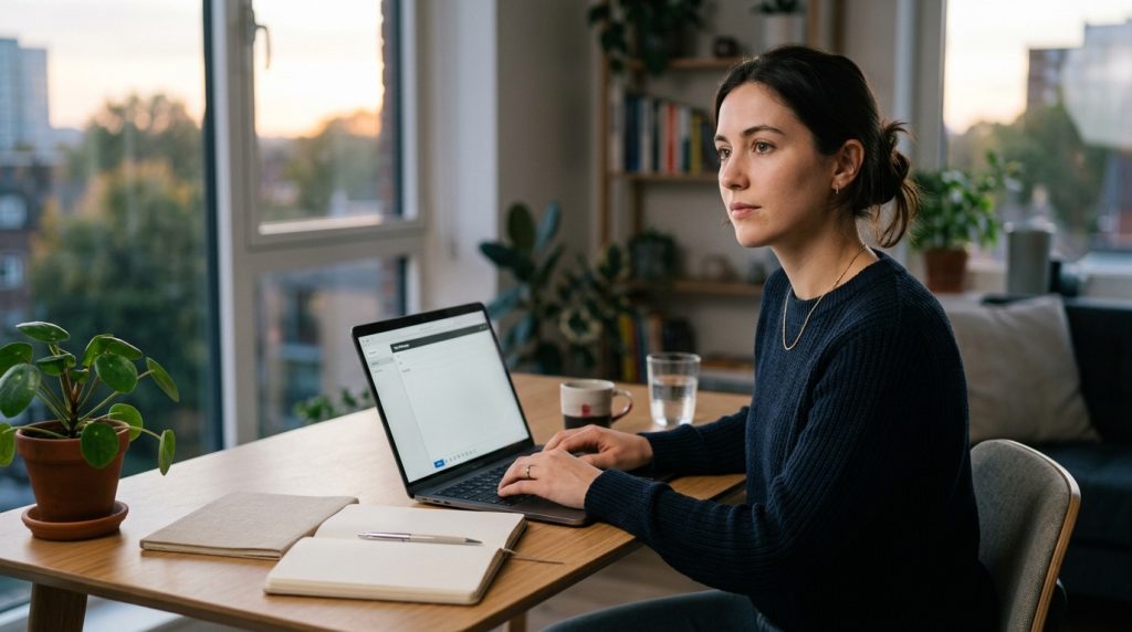 Persona escribiendo un correo de agradecimiento después de una entrevista de trabajo