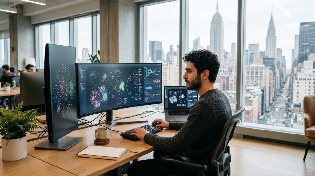 Ingeniero de software trabajando con paneles de análisis de datos en una oficina de Nueva York