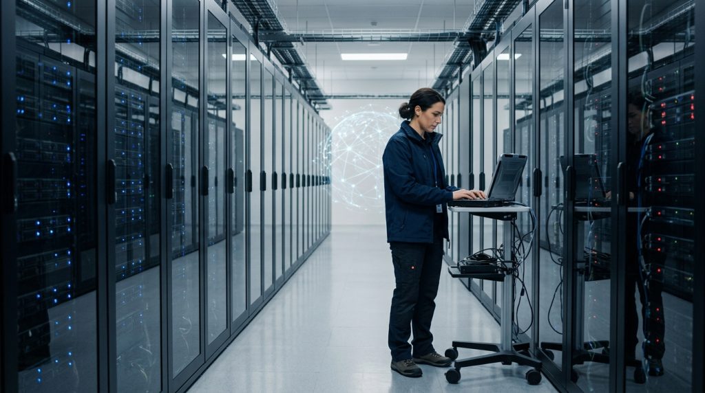 Ingeniero de sistemas trabajando en infraestructura de red global en un centro de datos